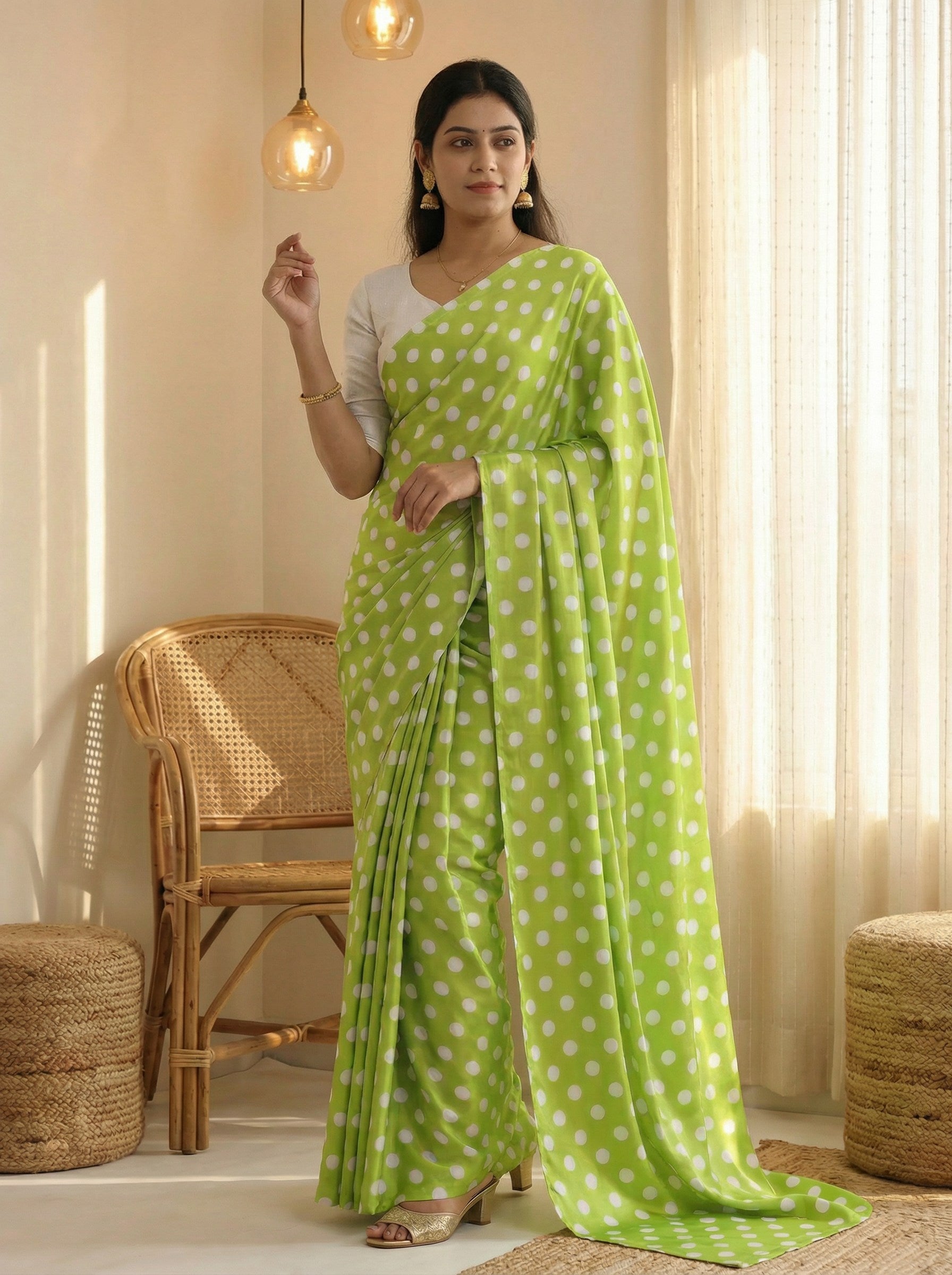 Pure Satin Sarees in Polka Dot prints With Plain Blouse