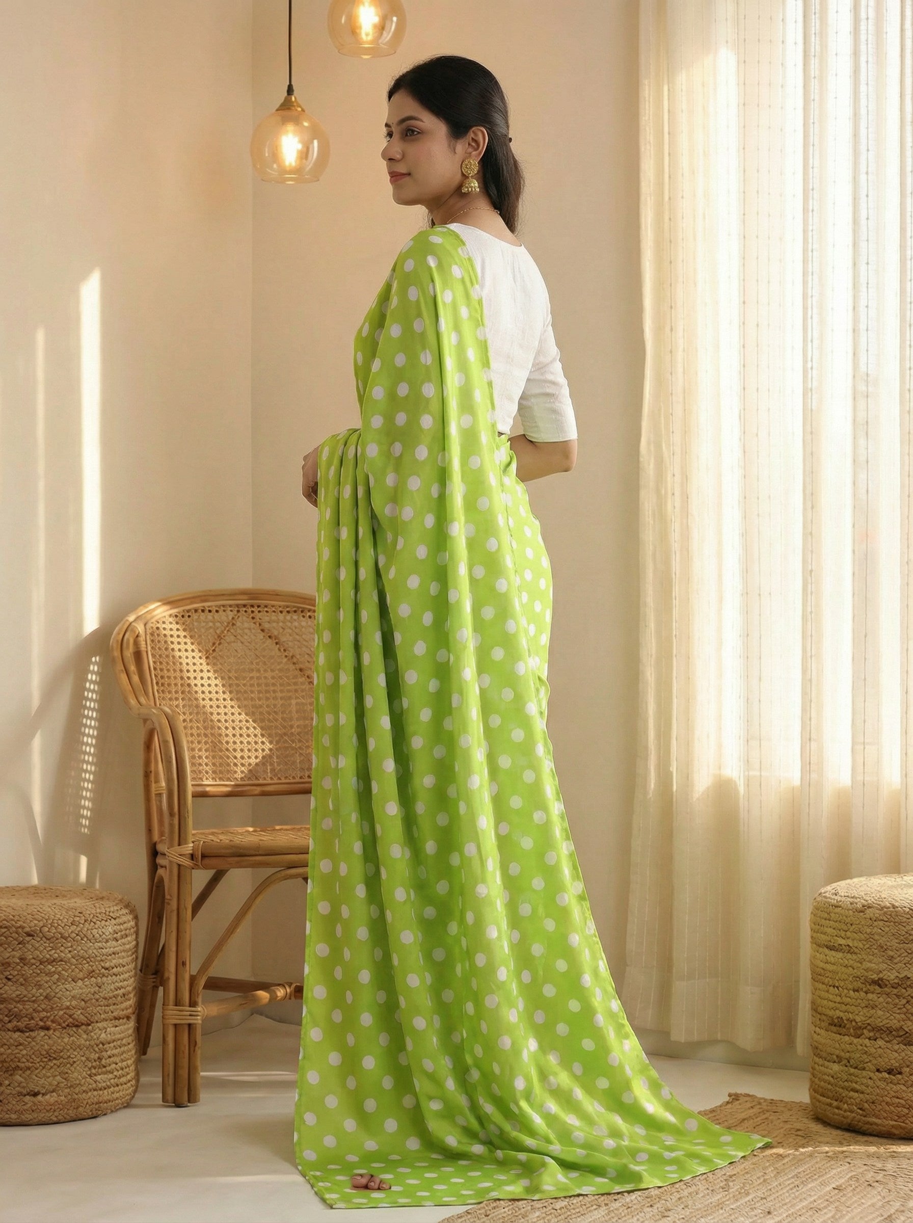 Pure Satin Sarees in Polka Dot prints With Plain Blouse
