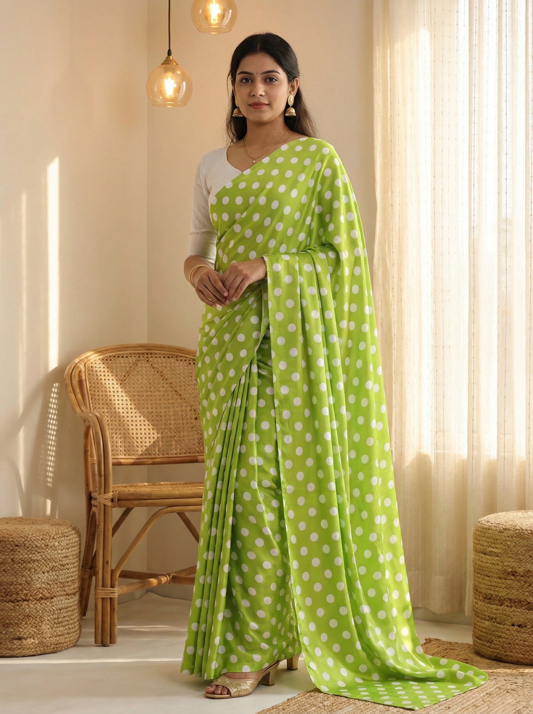 Pure Satin Sarees in Polka Dot prints With Plain Blouse