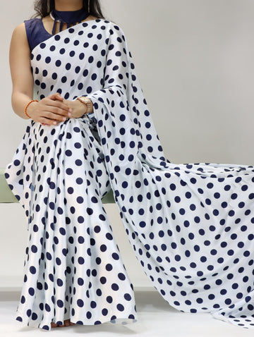 Pure Japan Satin Sarees in Polka Dot prints With Plain Blouse