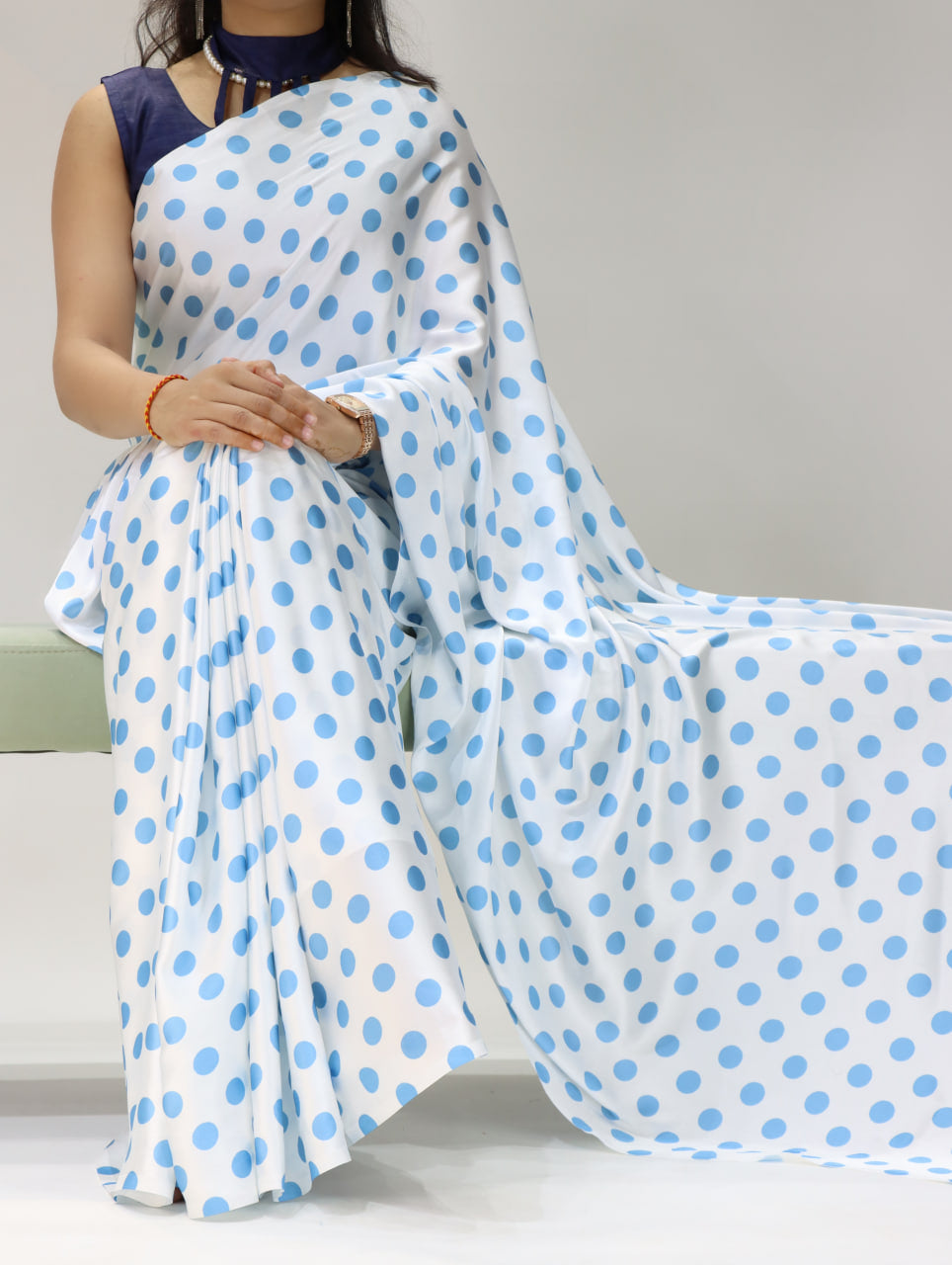 Pure Japan Satin Sarees in Polka Dot prints With Plain Blouse