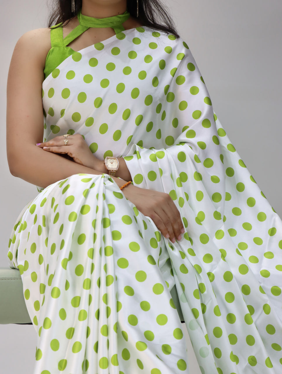 Pure Japan Satin Sarees in Polka Dot prints With Plain Blouse