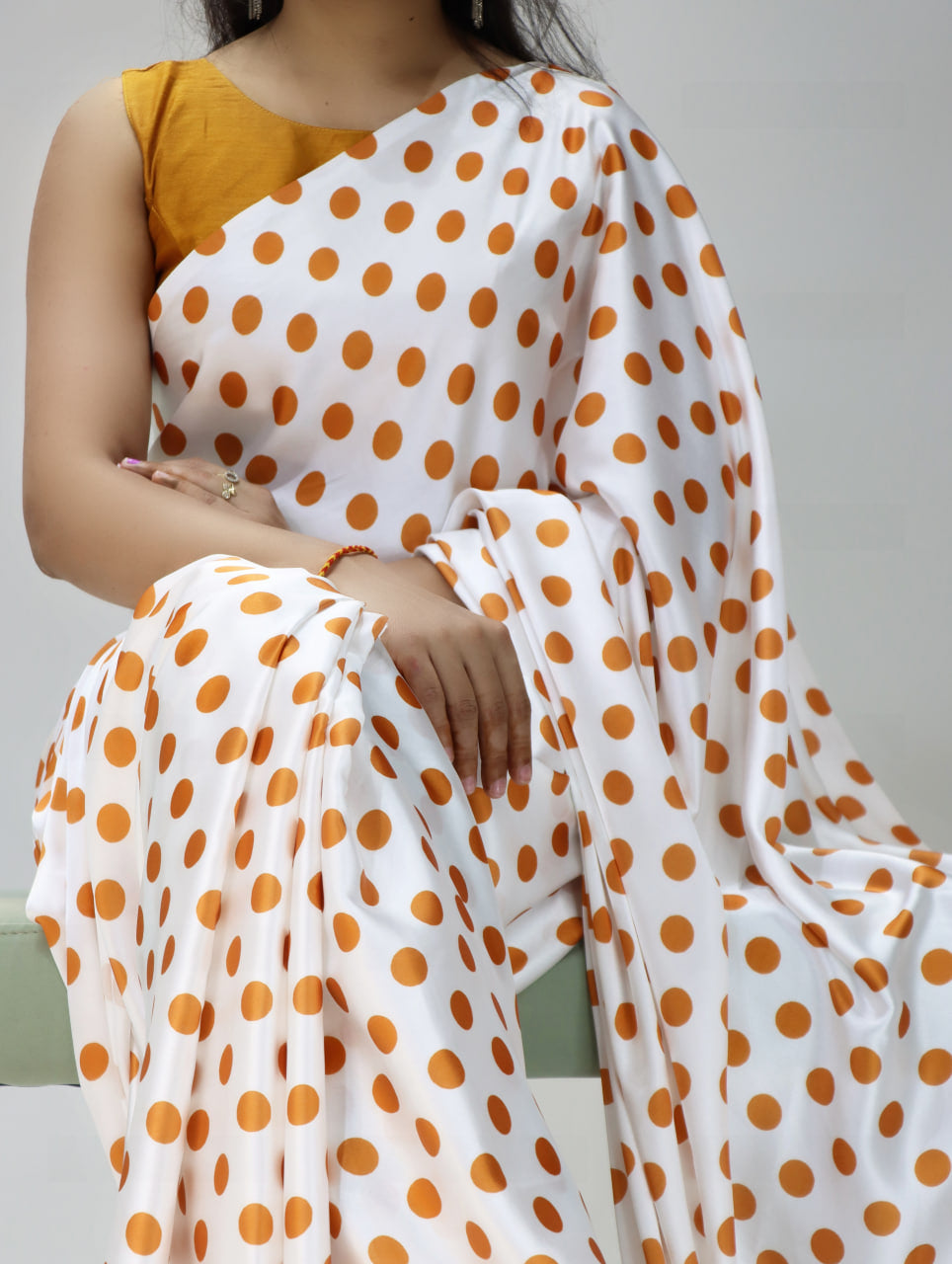Pure Japan Satin Sarees in Polka Dot prints With Plain Blouse