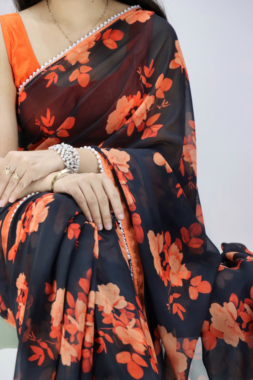 Weightless Printed Saree With Pearl Lace Border