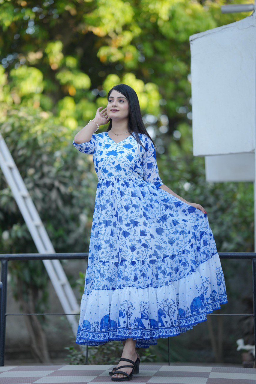 Oceanic Blue Georgette Flared Longline Kurti Gown
