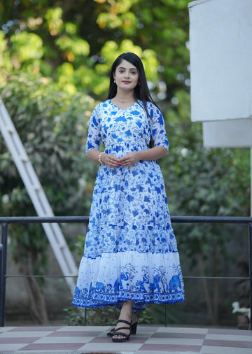 Oceanic Blue Georgette Flared Longline Kurti Gown