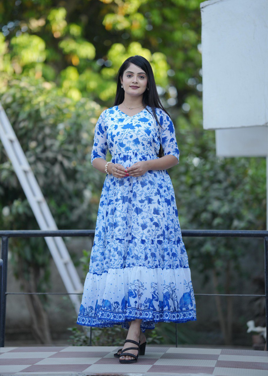 Oceanic Blue Georgette Flared Longline Kurti Gown