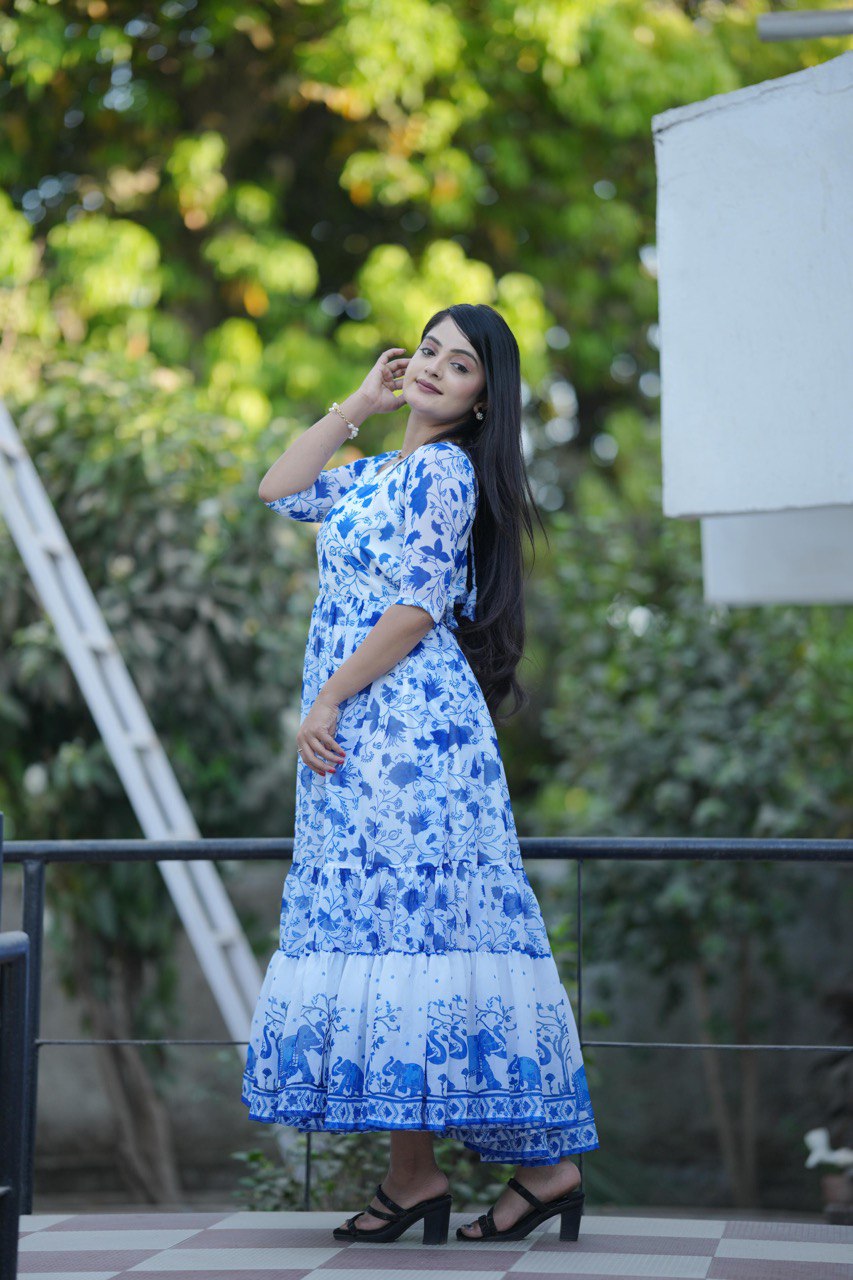 Oceanic Blue Georgette Flared Longline Kurti Gown