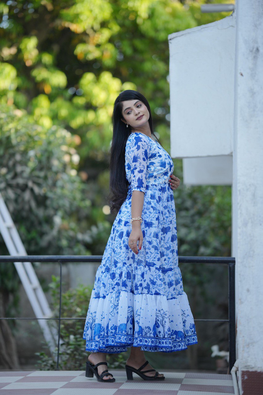 Oceanic Blue Georgette Flared Longline Kurti Gown