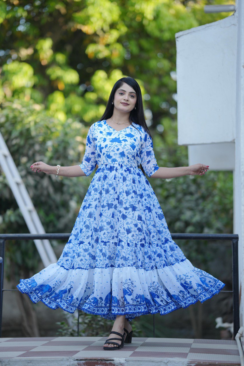 Oceanic Blue Georgette Flared Longline Kurti Gown