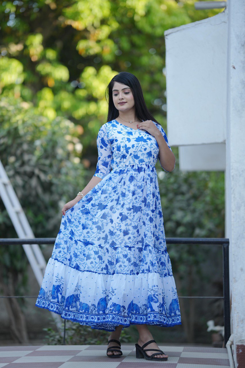 Oceanic Blue Georgette Flared Longline Kurti Gown