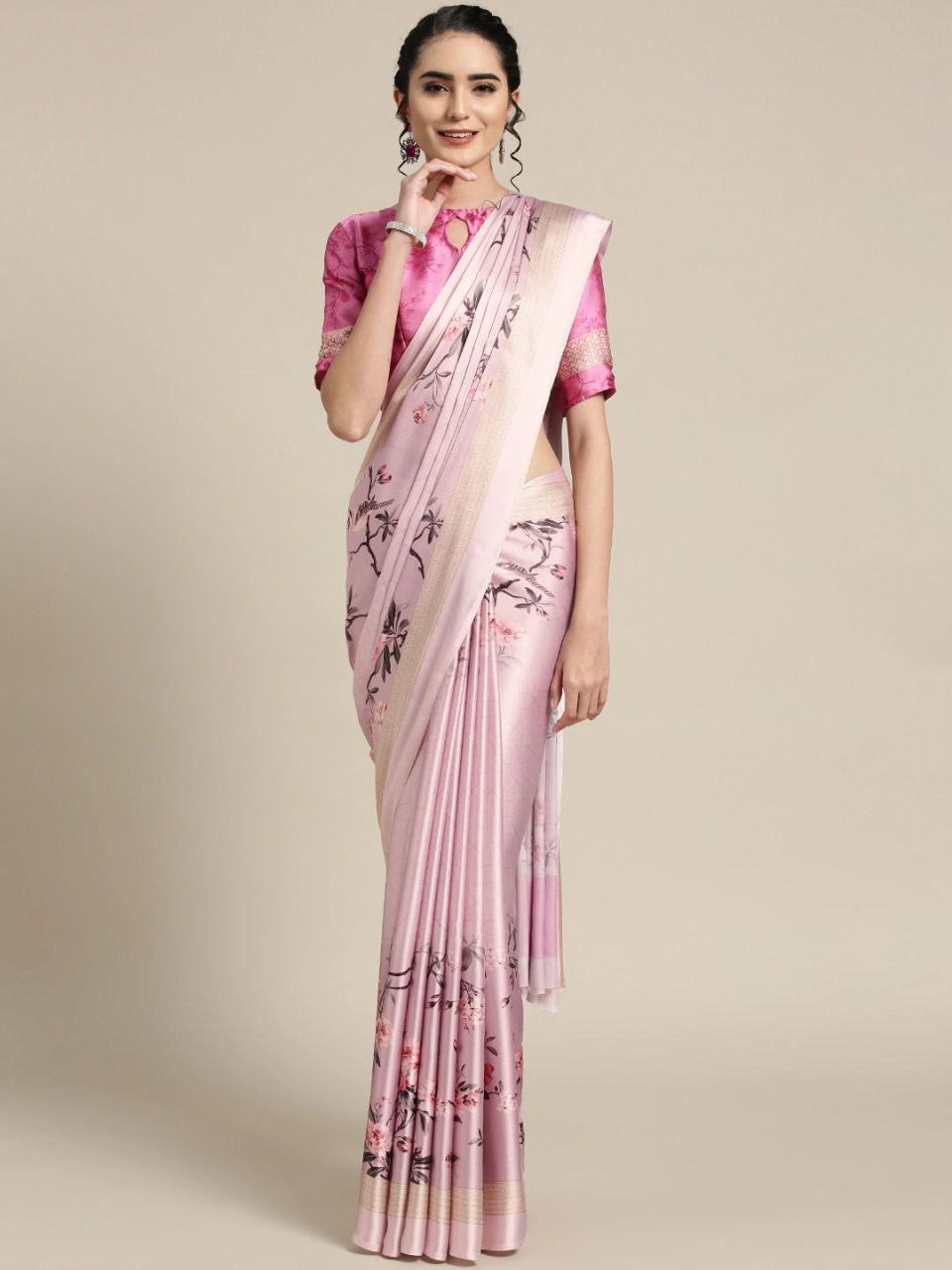 Design of Japan Satin Saree With Printed Blouse Piece