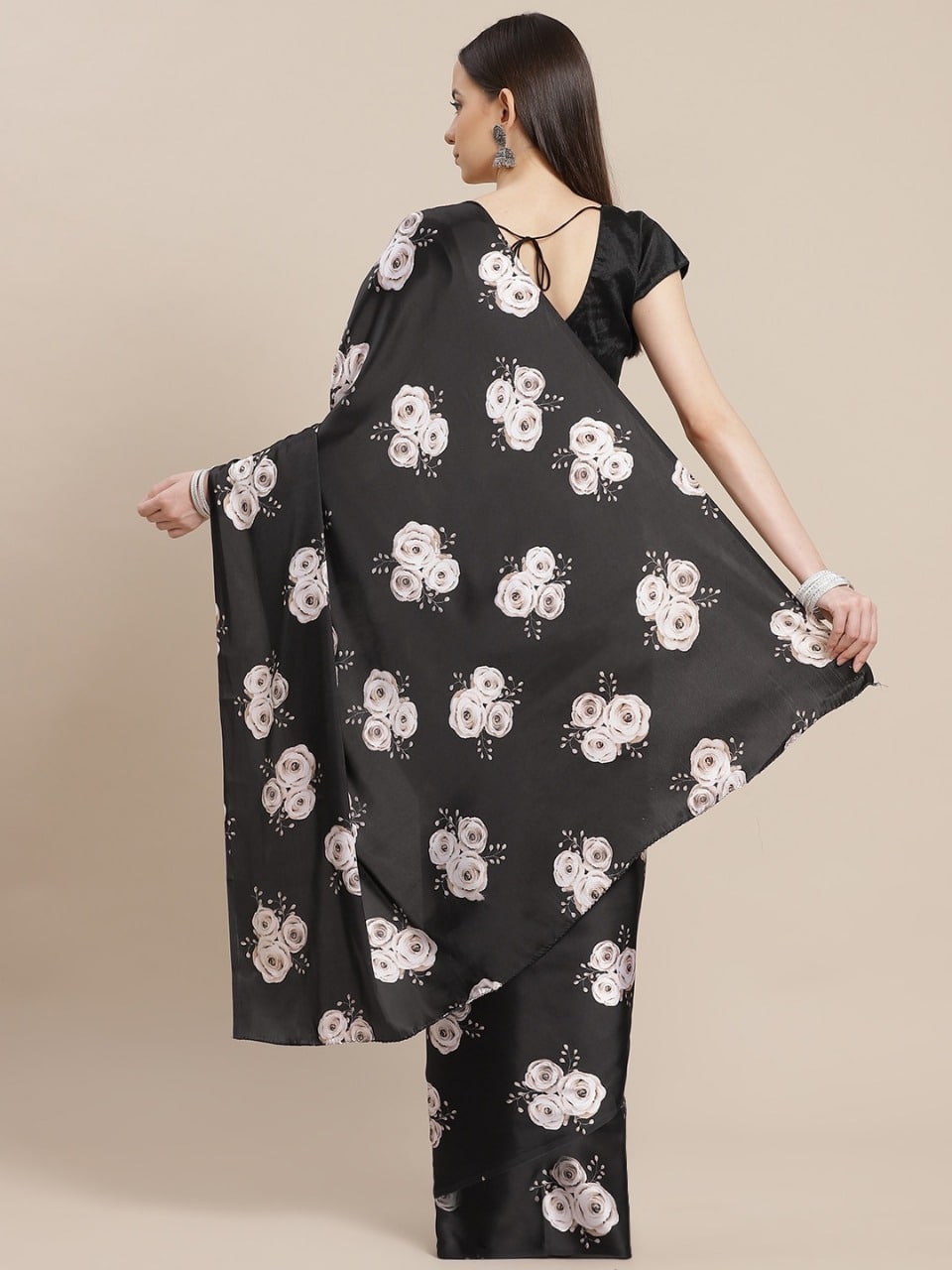 Black Floral Printed Satin Saree With Unstitched Blouse