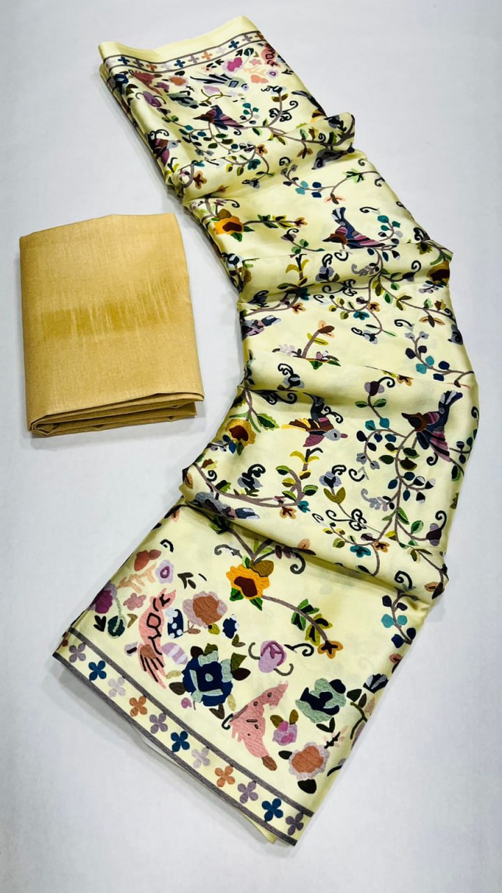 Floral and Birds Designs Heavy Satin Sarees With Plain Blouse