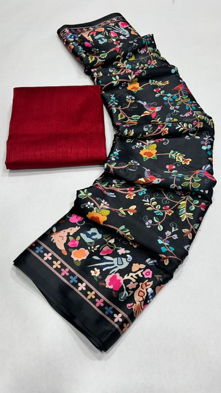 Floral and Birds Designs Heavy Satin Sarees With Plain Blouse