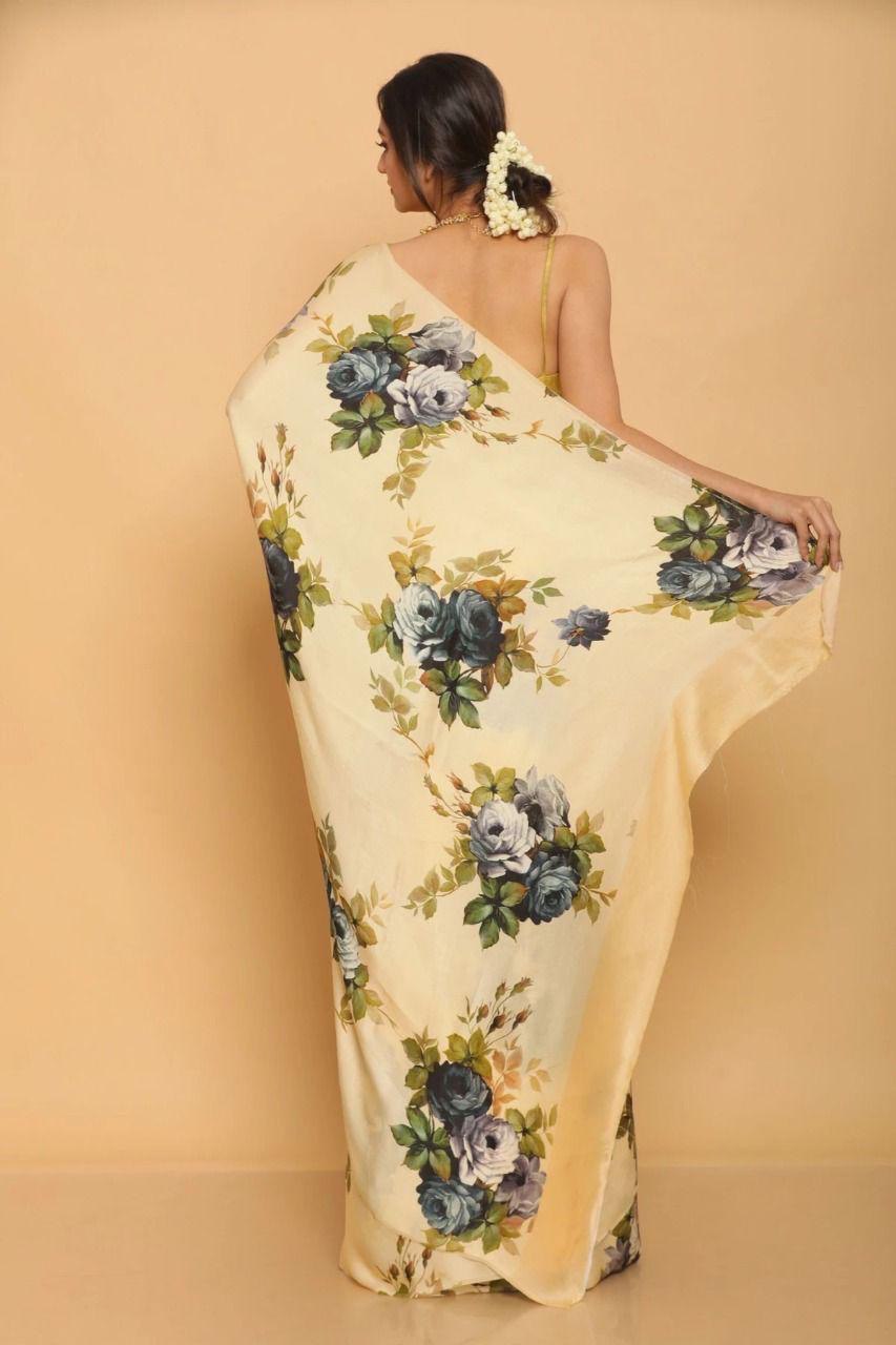 Letest Floral Printed of Satin Saree With Unstitched Blouse