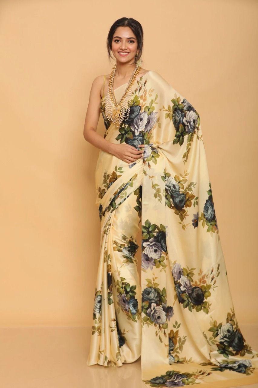 Letest Floral Printed of Satin Saree With Unstitched Blouse