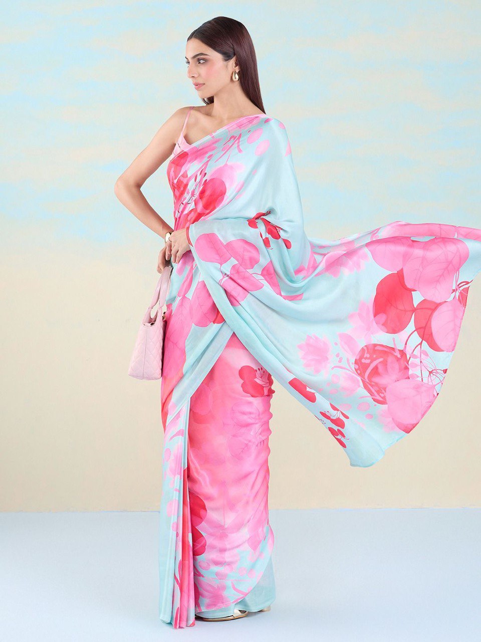 Floral Printed Heavy Satin Sarees With Plain Blouse