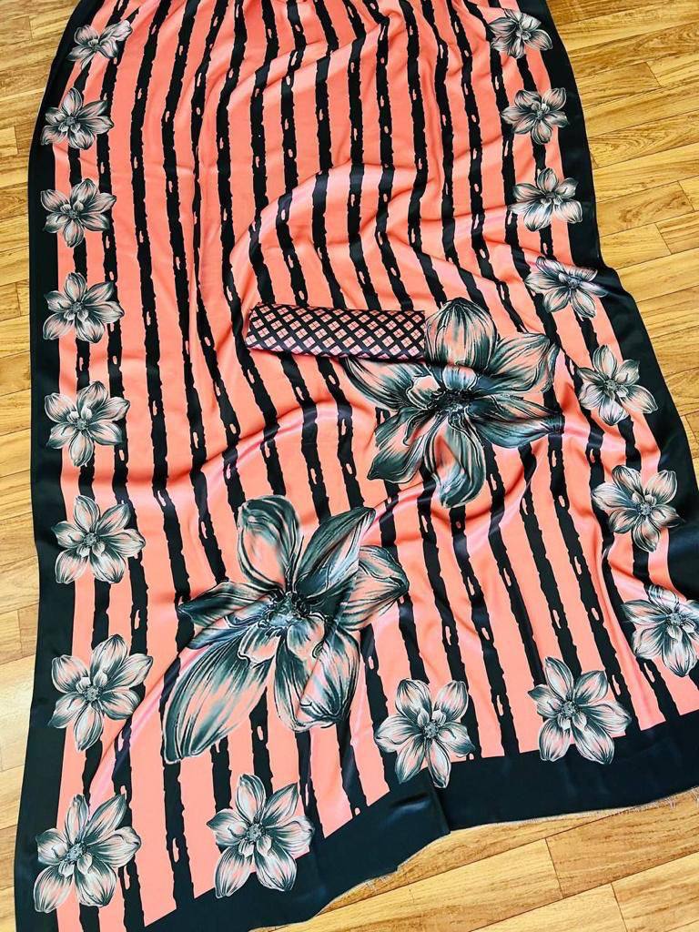 Floral Printed  Heavy Japan Satin Saree With Printed Blouse