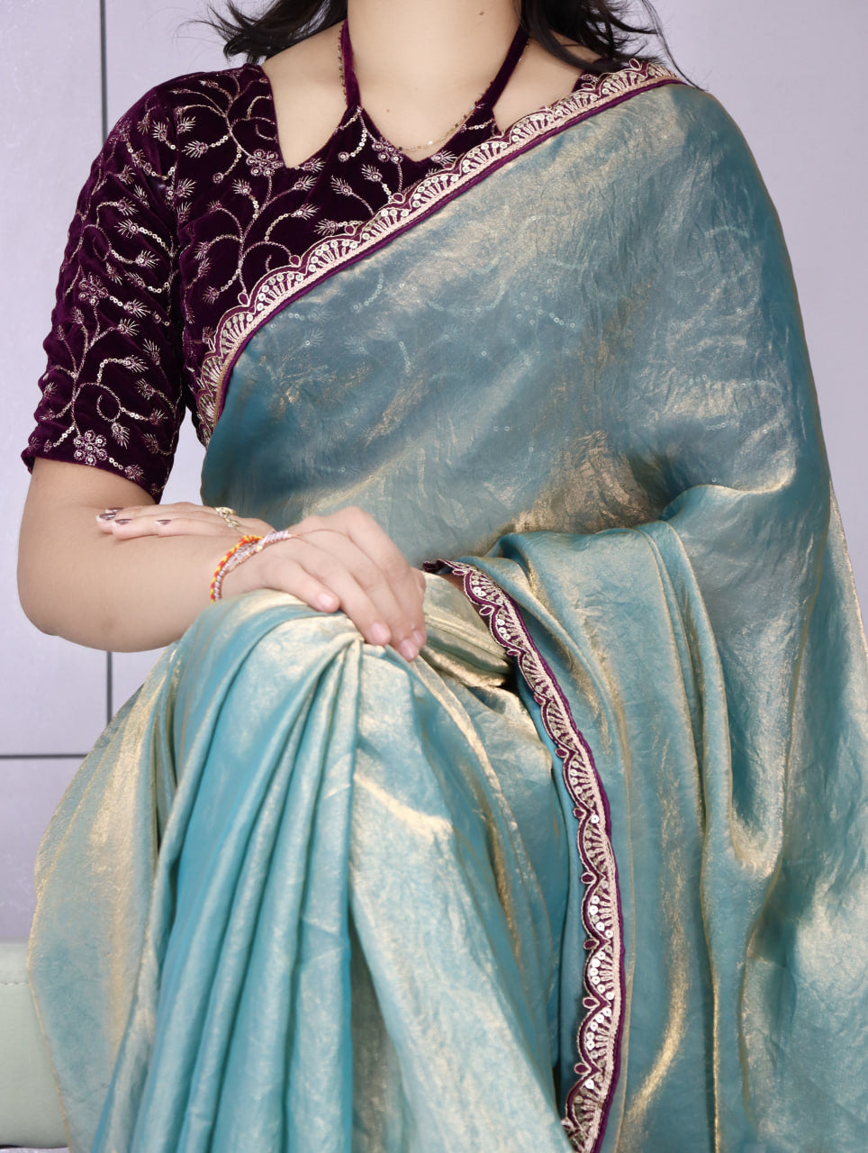 Premium Fendy Silk Saree With Unstitch Velvet Blouse (Copy)