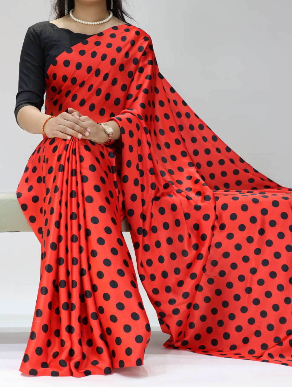 Pure Satin Sarees in Polka Dot prints With Plain Blouse