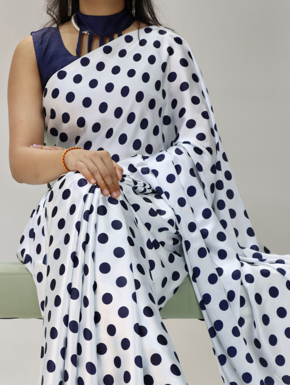 Pure Satin Sarees in Polka Dot prints With Plain Blouse
