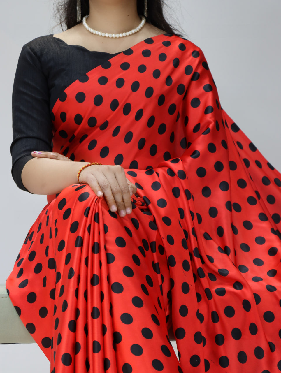 Pure Satin Sarees in Polka Dot prints With Plain Blouse