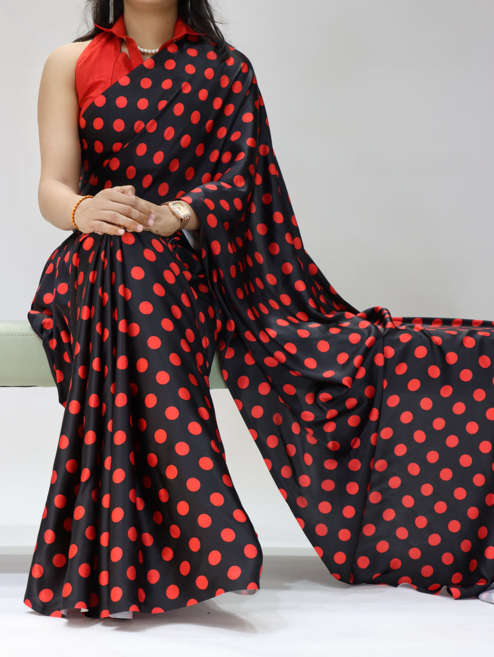 Pure Satin Sarees in Polka Dot prints With Plain Blouse