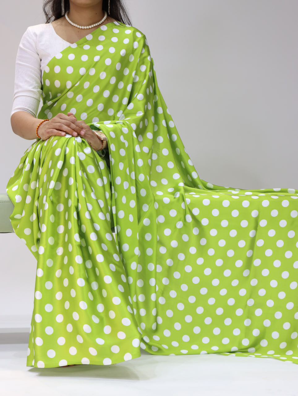 Pure Satin Sarees in Polka Dot prints With Plain Blouse