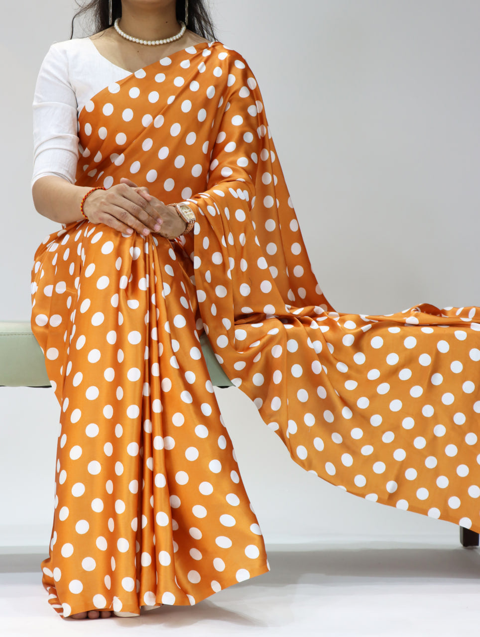 Pure Satin Sarees in Polka Dot prints With Plain Blouse