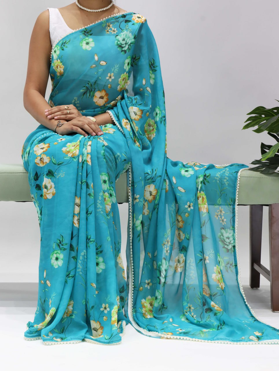 Floral Printed Saree With Pearl Lace Border