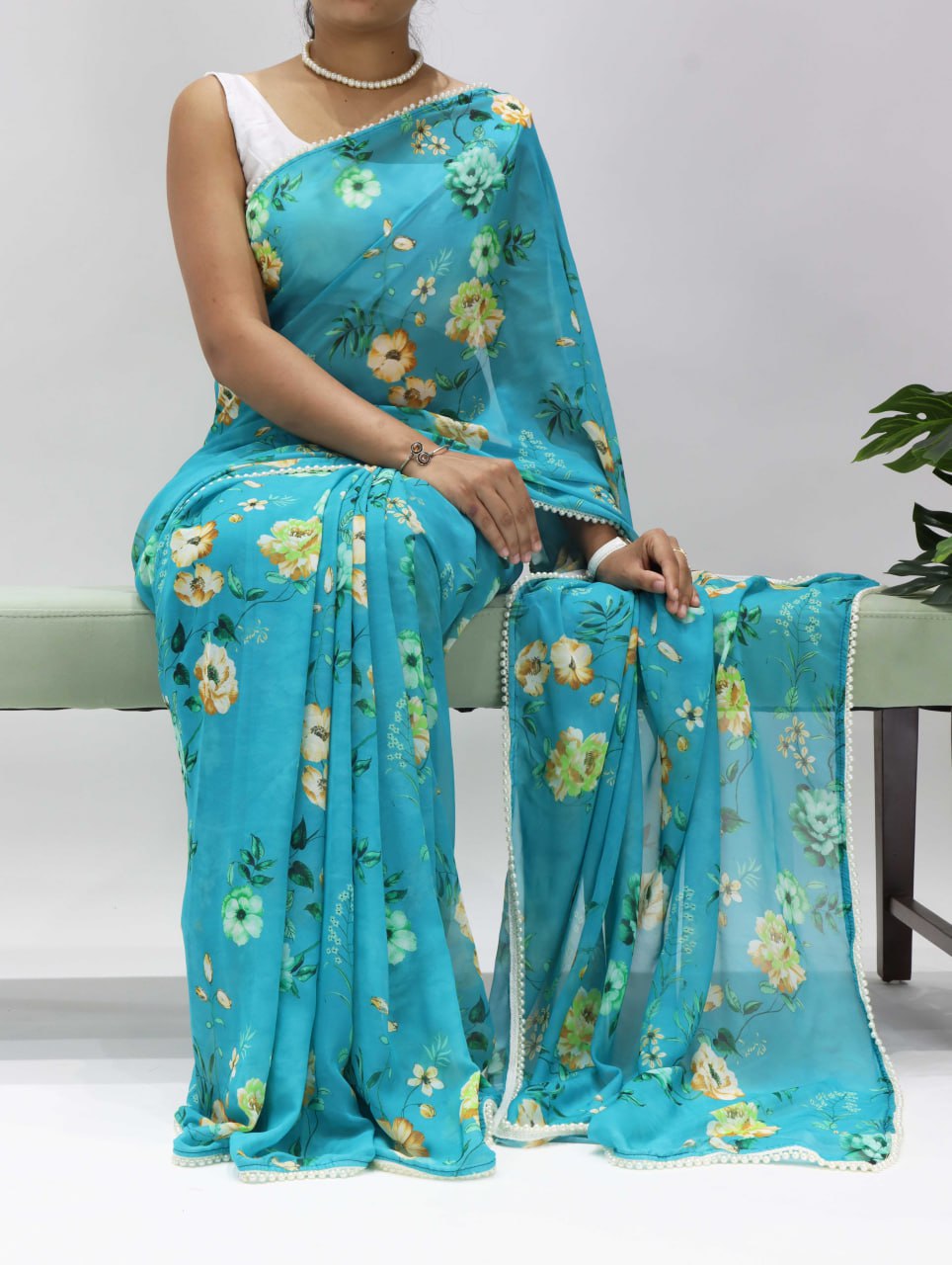 Floral Printed Saree With Pearl Lace Border