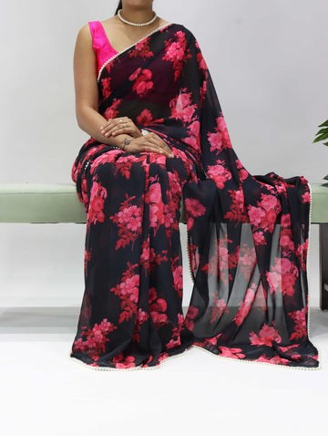 Floral Printed Saree With Pearl Lace Border