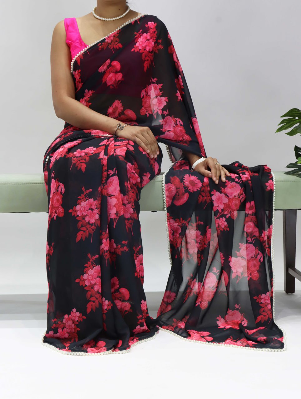 Floral Printed Saree With Pearl Lace Border
