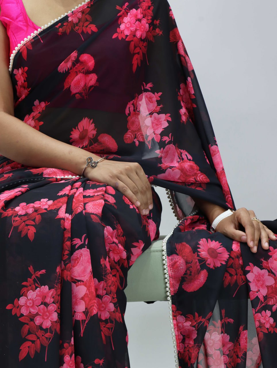 Floral Printed Saree With Pearl Lace Border