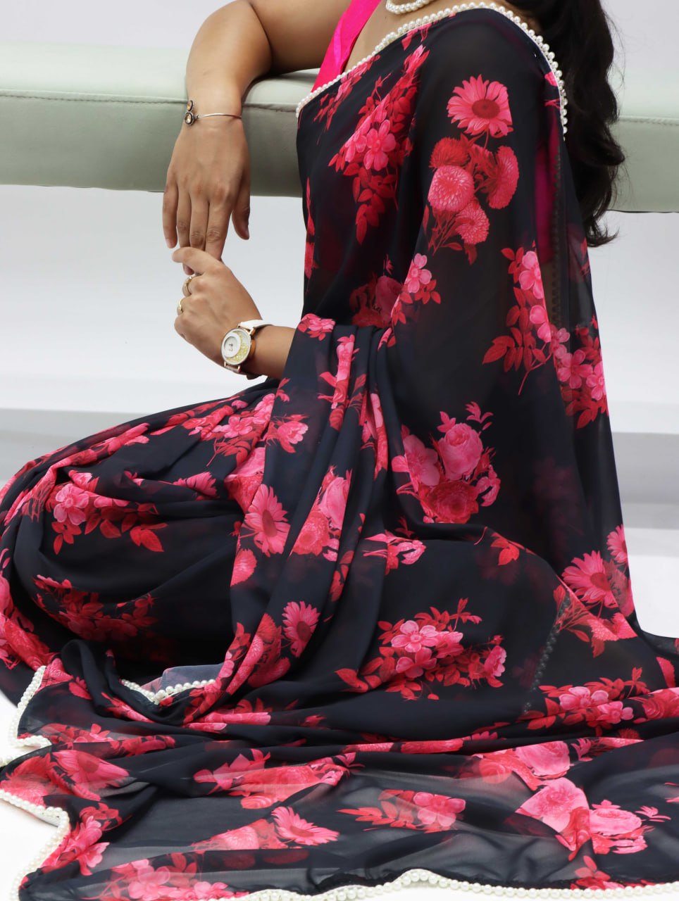Floral Printed Saree With Pearl Lace Border
