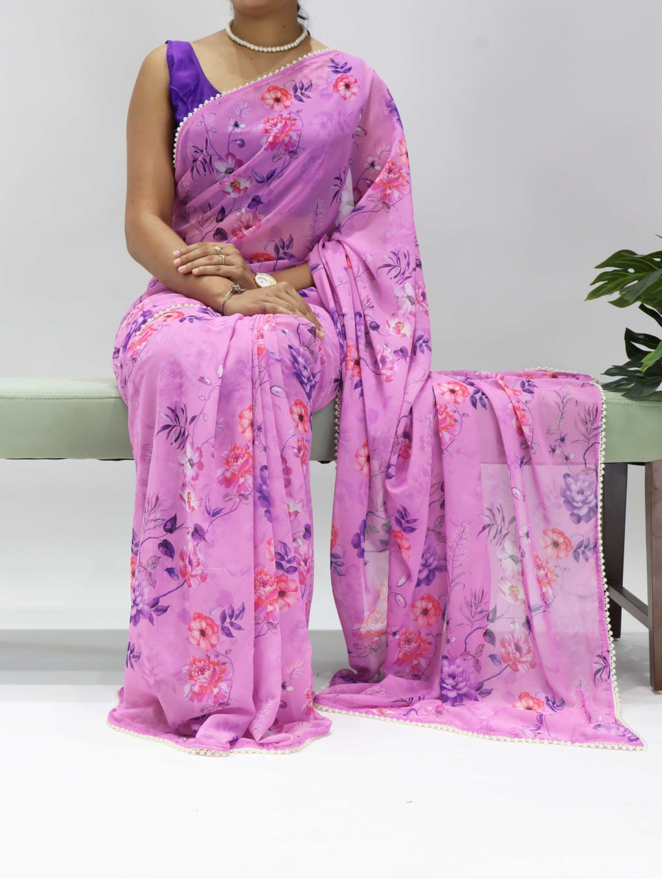 Floral Printed Saree With Pearl Lace Border
