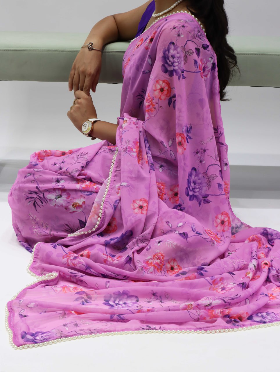Floral Printed Saree With Pearl Lace Border