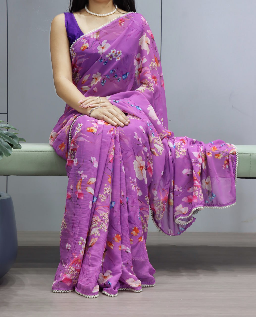 Floral Printed Saree with Pearl Lace Border