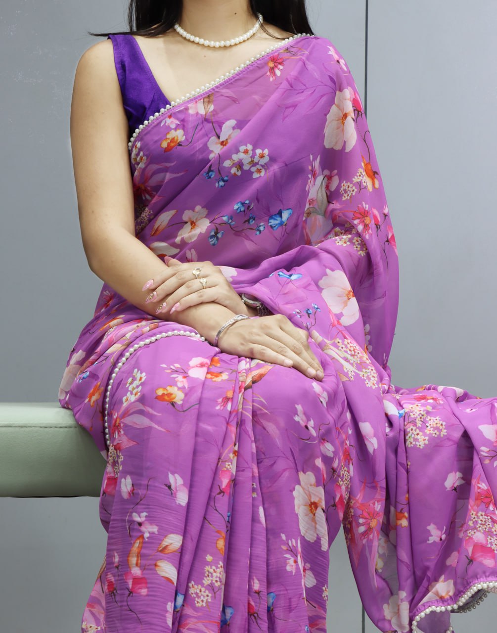 Floral Printed Saree with Pearl Lace Border