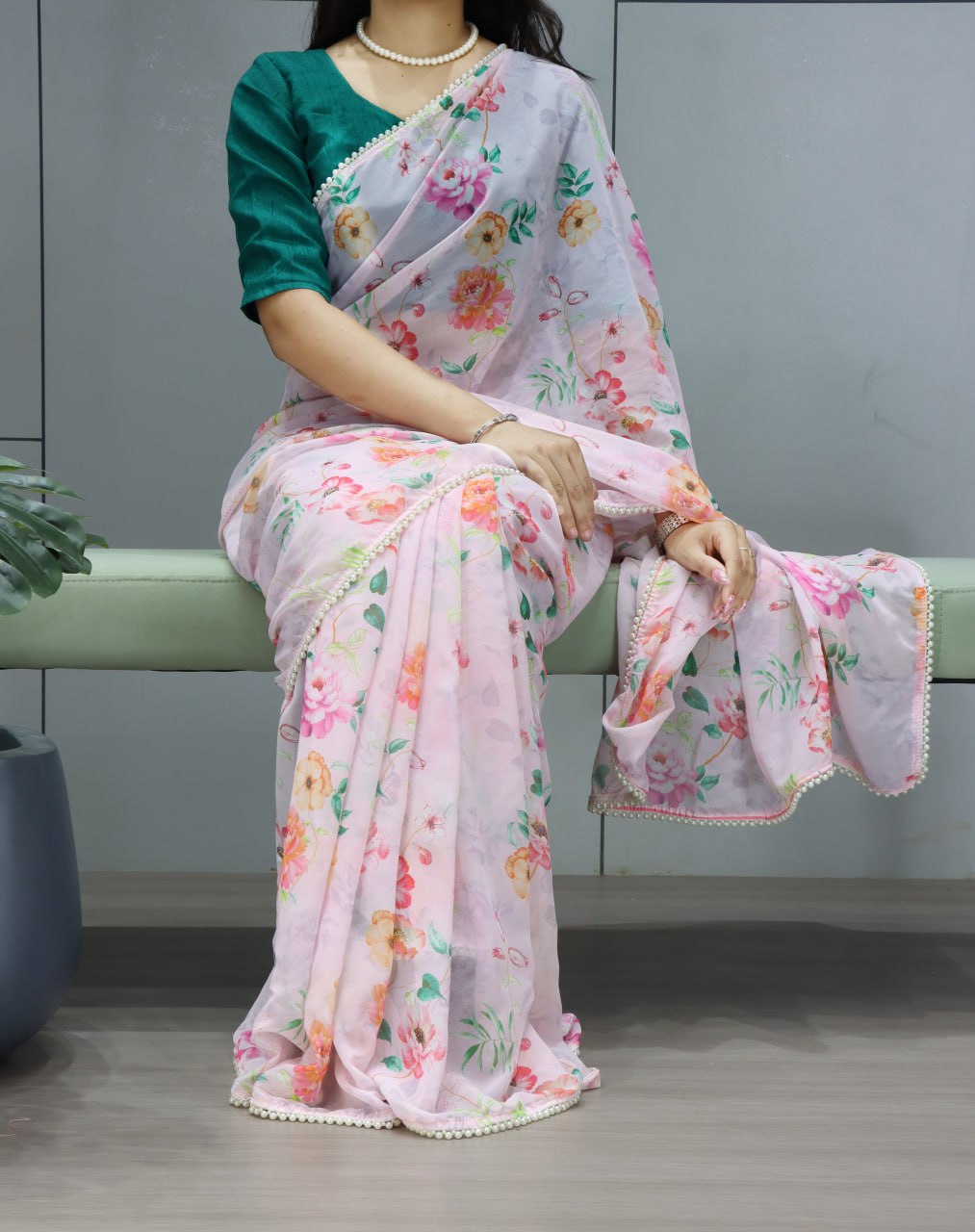 Floral Printed Saree with Pearl Lace Border