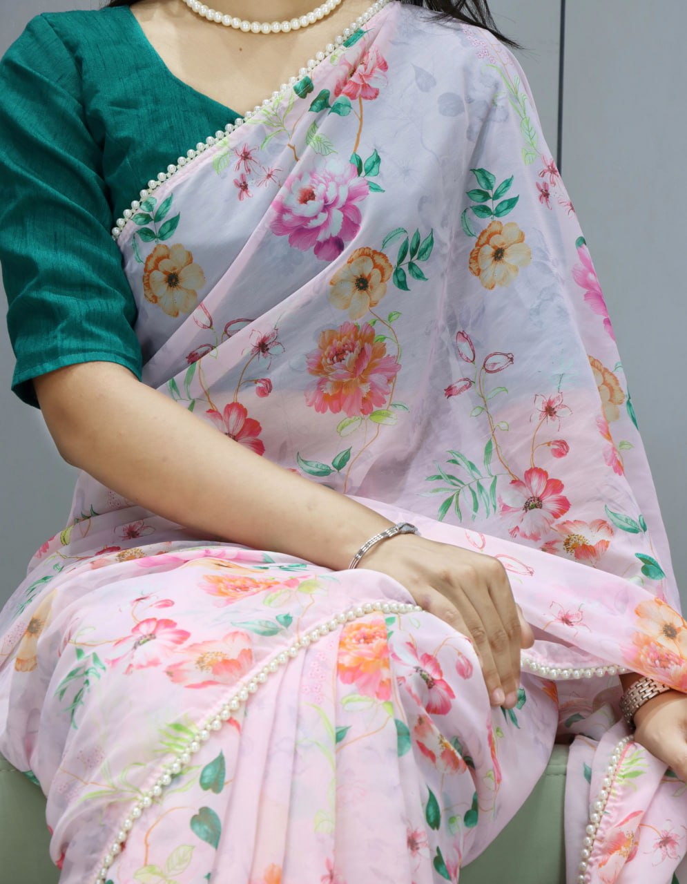 Floral Printed Saree with Pearl Lace Border