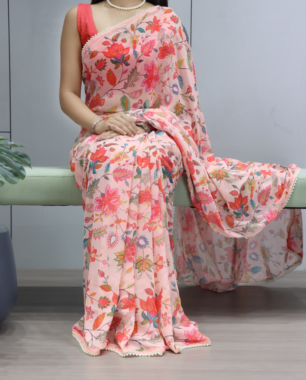 Floral Printed Saree with Pearl Lace Border