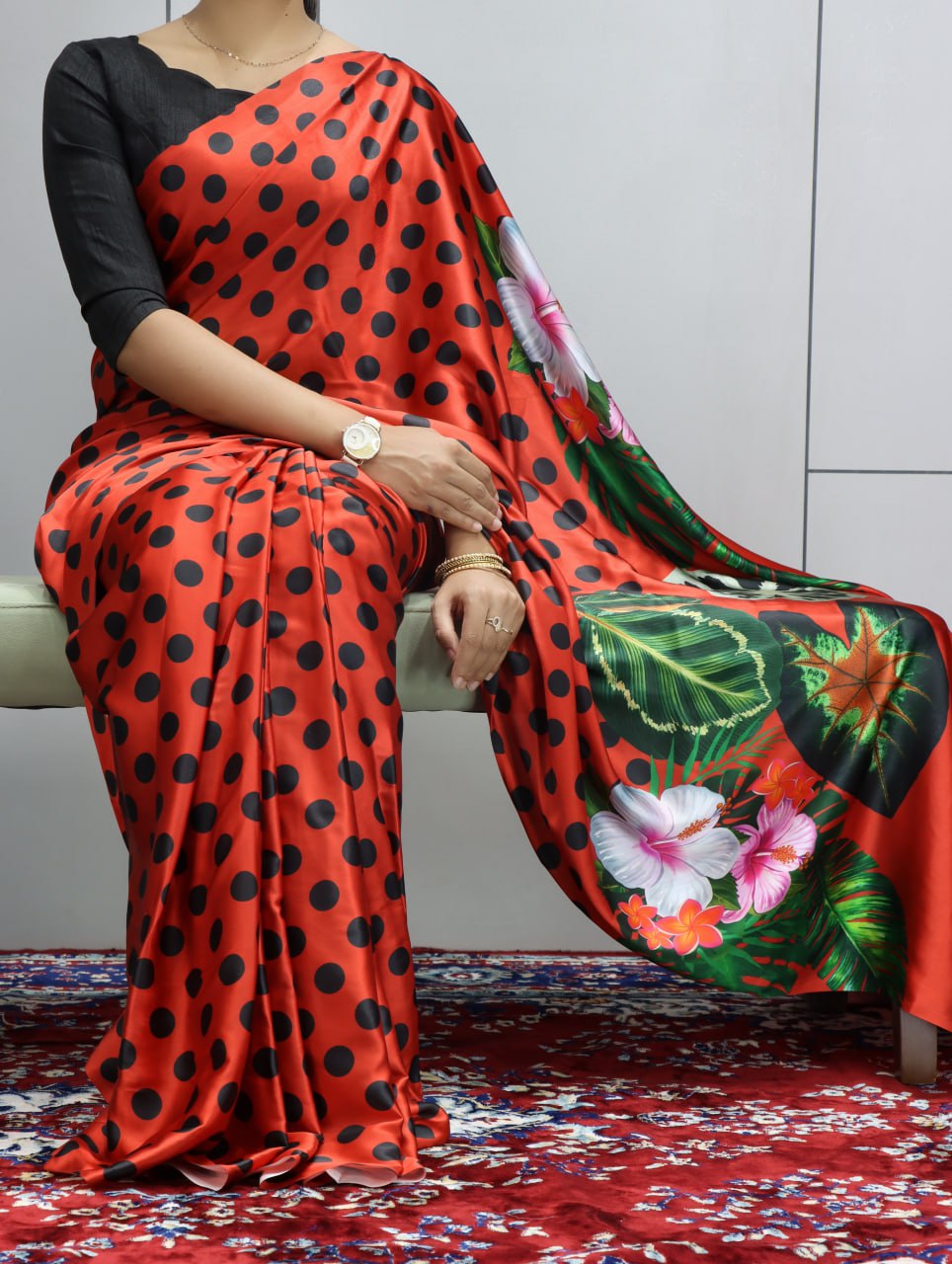 Pure Satin Sarees in Floral and Polka Dot Prints