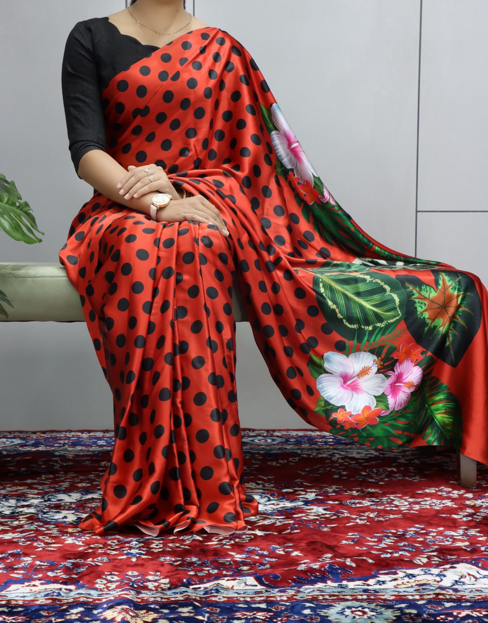 Pure Satin Sarees in Floral and Polka Dot Prints