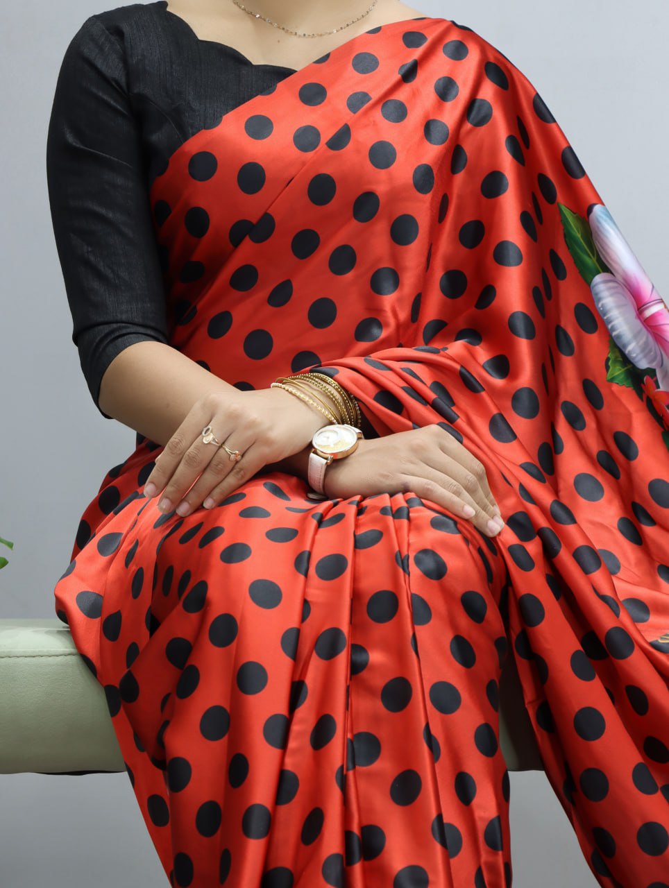 Pure Satin Sarees in Floral and Polka Dot Prints