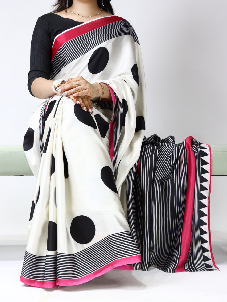 Polka Dot Premium Satin Sarees With Plain Blouse