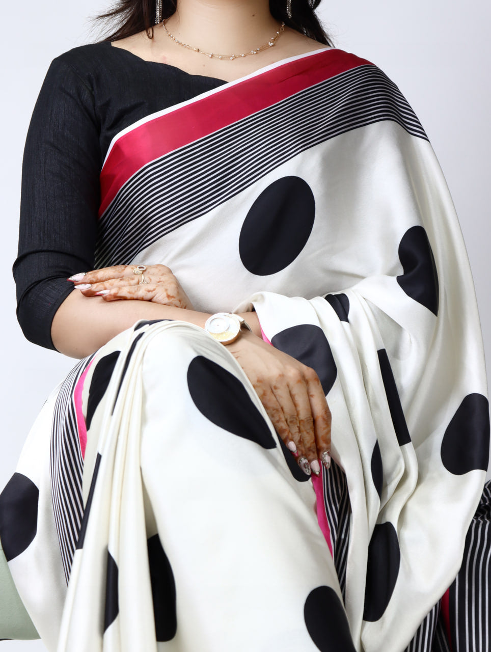 Polka Dot Premium Satin Sarees With Plain Blouse