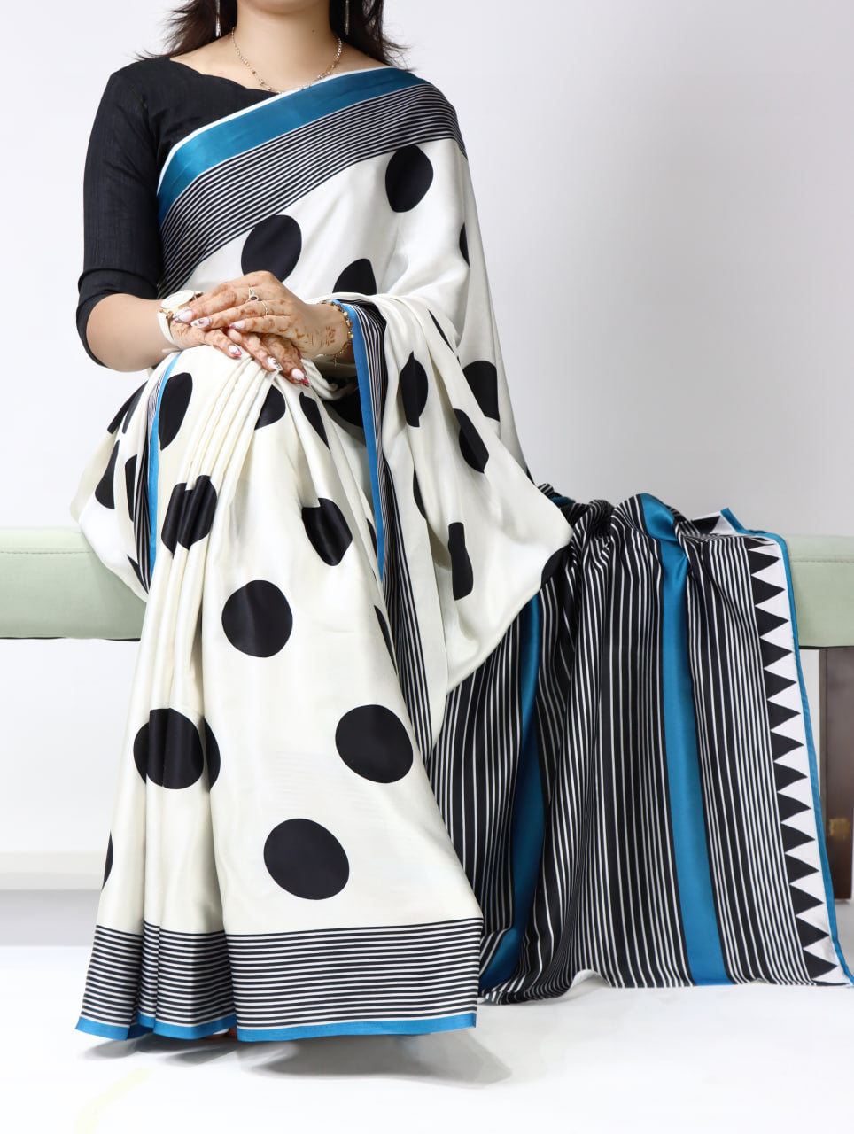 Polka Dot Premium Satin Sarees With Plain Blouse