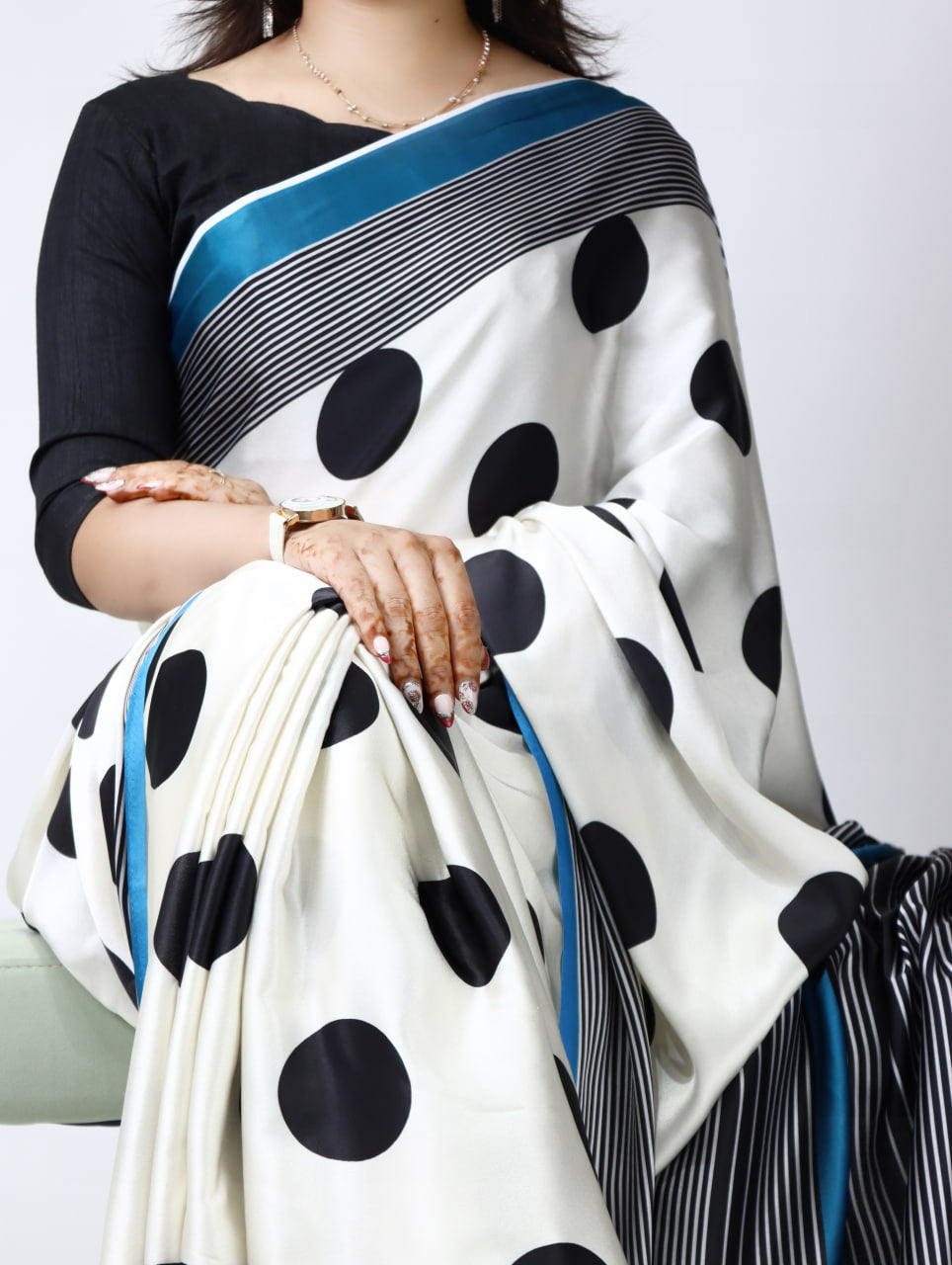 Polka Dot Premium Satin Sarees With Plain Blouse